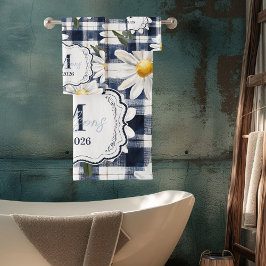 Custom Navy Gingham Daisy Monogram Bad Handdoek