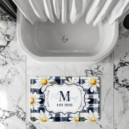 Custom Navy Gingham Daisy Monogram Badmat