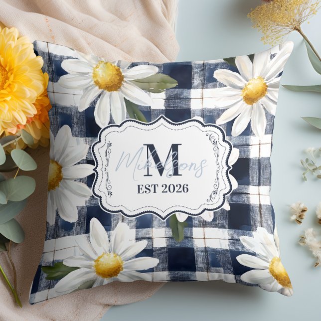 Custom Navy Gingham Daisy Monogram Kussen (Creator heeft geüpload)
