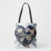 Custom Navy Gold Floral Monogram Heart Tote Bag (Devant)