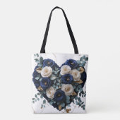 Custom Navy Gold Floral Monogram Heart Tote Bag (Dos)