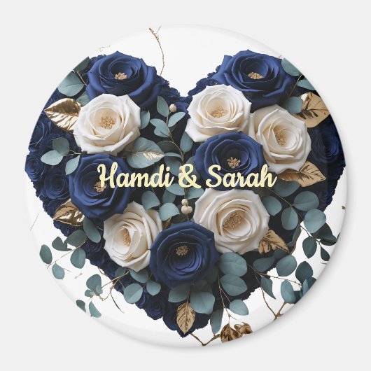 Custom Navy Gold Floral Monogram Round Magnet (Devant)