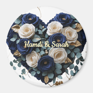 Custom Navy Gold Floral Monogram Round Magnet Magneet