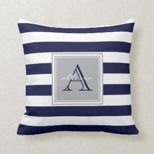 CUSTOM Navy Monogramed Awning Stripe Kussen