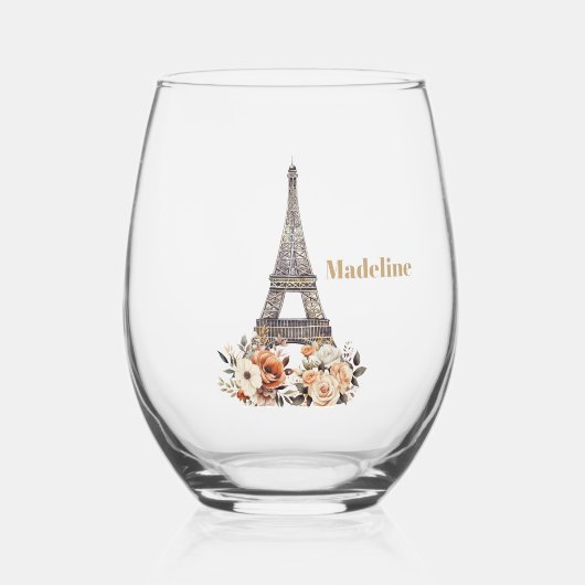 Custom Paris Eiffel Tower Beautiful Floral Wijnglas Zonder Voet (Voorkant)