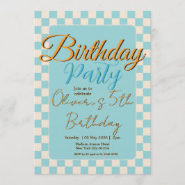 Custom Pastel Blue Checkered Birthday Party Kaart