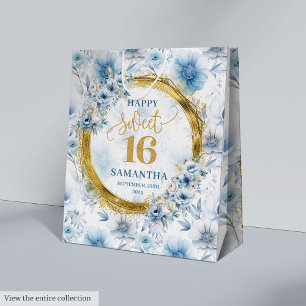 Custom Pastel Blue Sweet 16 Gold Glitter Gift Bag Medium Cadeauzakje