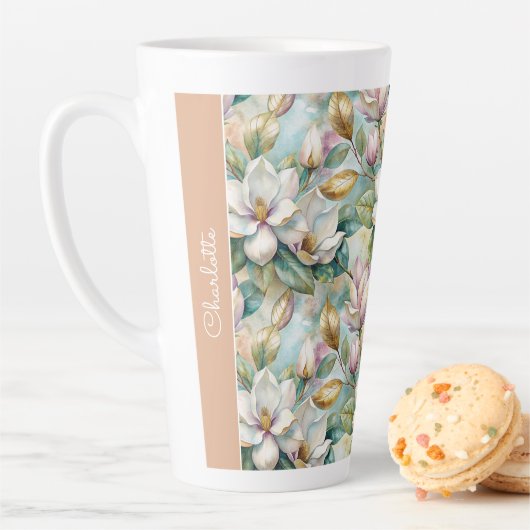 Custom Pattern Elegant Magnolia Flowers Latte Mok (In situ)