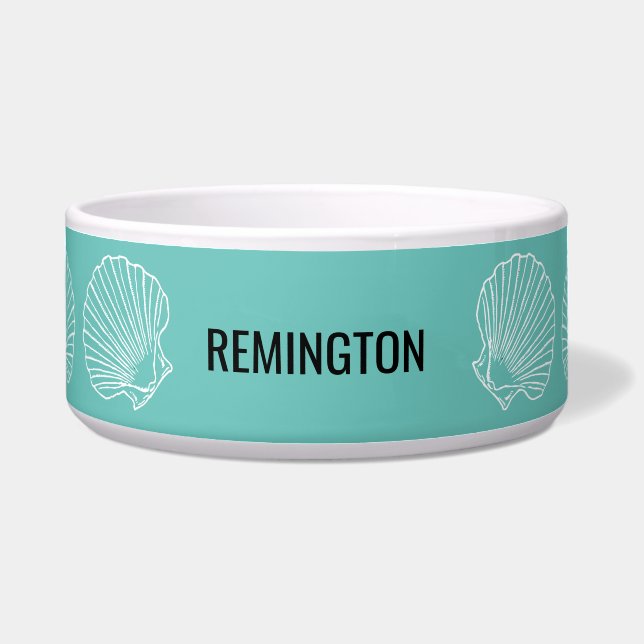Custom Pet Name Beach Sea Shells Blauwgroen Voerbakje (Voorkant)
