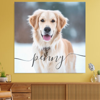 Custom Pet Name Photo Elegant Script Dog Canvas Afdruk