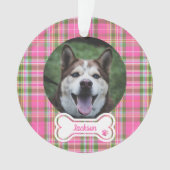 Custom Pet Photo Ornament Pink & Green Plaid Bone  (voorkant)