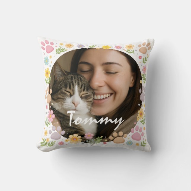 Custom Pet Photo with Name | Paw Prints & Floral Kussen (Voorkant)