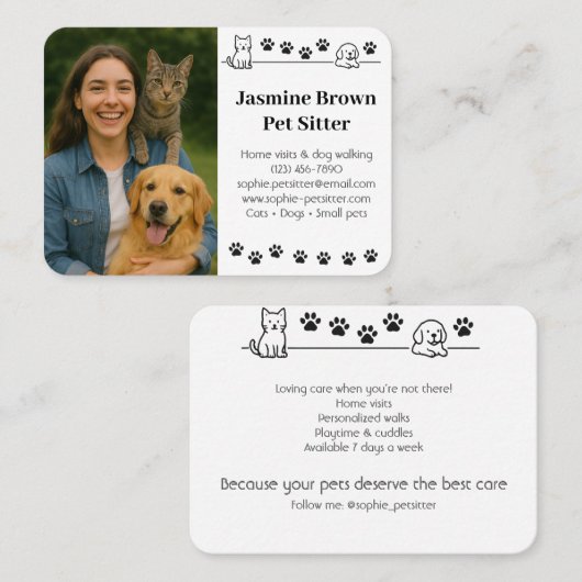 Custom Pet Sitter Business Card with Photo  Visitekaartje (Voorkant / Achterkant)