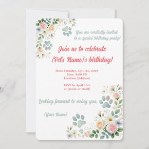 Custom Pet Verjaardag Uitnodiging   Aquarel Bloeme