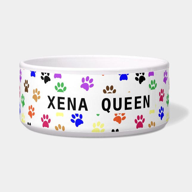 Custom Pet's Name Kleurrijke Paw Prints Keramisch  Voerbakje (Voorkant)