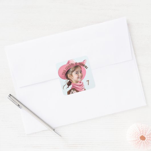 Custom Photo Any Age Pink Cowgirl Theme Birthday Vierkante Sticker (Envelop)