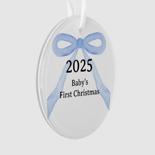Custom Photo Baby's First Christmas YEAR Blue Bow Ornament (voorkant)