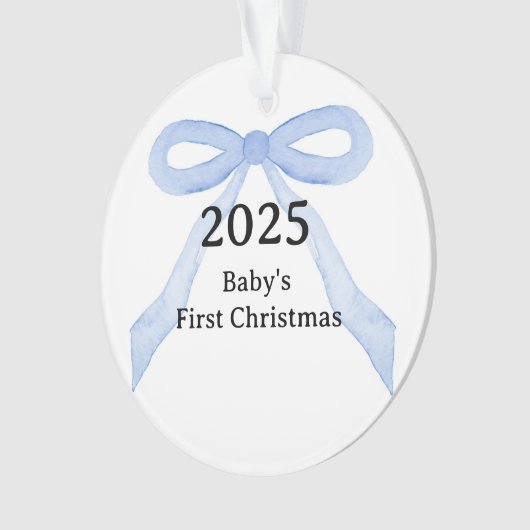 Custom Photo Baby's First Christmas YEAR Blue Bow Ornament (voorkant)