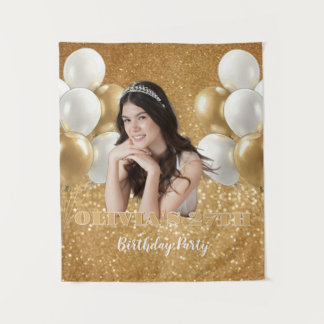 Custom Photo Birthday Backdrop,  gold & white Wandkleed