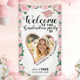 Custom Photo Blush Pink Flowers Afstuderen Welkom Spandoek