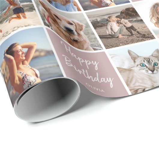 Custom Photo Collage Verjaardag Modern Roze Cadeaupapier (Rol Hoek)