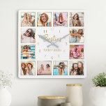Custom Photo de Collage Besties Gold White<br><div class="desc">Make this trendy elegant white and gold photo collage wall clock unique with 12 of your favorite photos with your best friend(s). Les objets de design ont donc été modernes avec des script and your names.</div>
