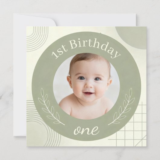 Custom Photo First Birthday - Personalized Sage  Kaart (Voorkant)