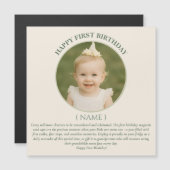 Custom Photo First Birthday Sage Green Thin Magnet (Devant / Derrière)