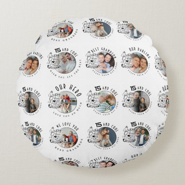 Custom Photo Grandson Birthday Rond Kussen (Voorkant)