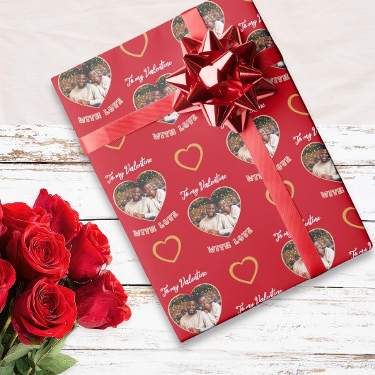 Custom Photo Hearts Pattern Red Gold Valentine Cadeaupapier