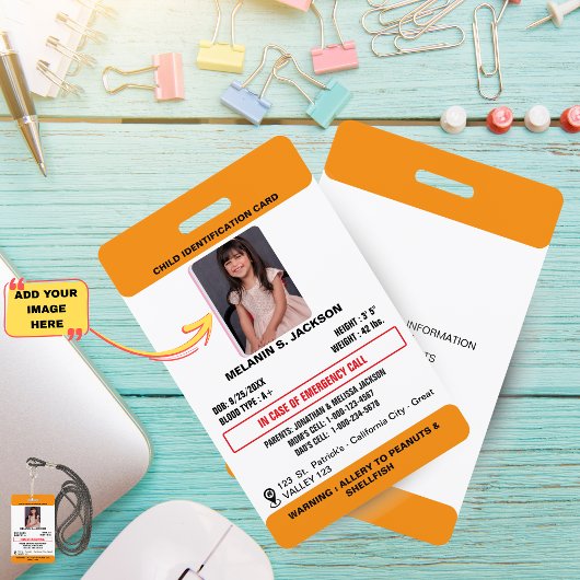Custom Photo ID Badge for Kids with Emergency Cont