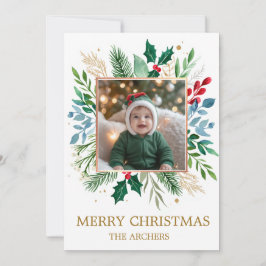 Custom Photo Merry Christmas Watercolor Botanical Feestdagenkaart
