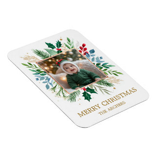 Custom Photo Merry Christmas Watercolor Botanical Magneet