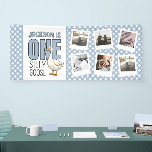 Custom Photo Modern One Silly Goose First Birthday Spandoek (Beurs)