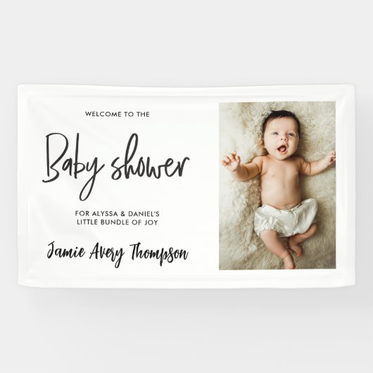 Custom photo Modern Script Baby Shower Welcome  Spandoek (Horizontaal)