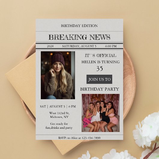Custom Photo Newspaper Style Birthday Invitation