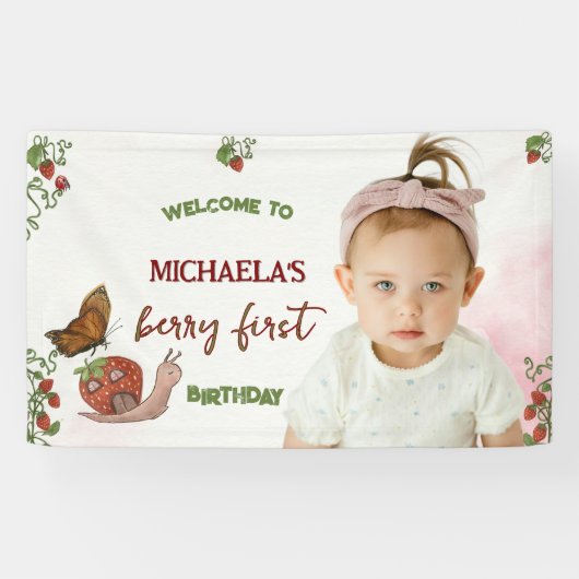 Custom Photo Strawberry 1st Birthday Welcome Sign  Spandoek (Horizontaal)