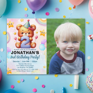 “Custom Photo Teddy Bear 2nd Birthday | Watercolor Kaart