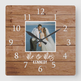 Custom Photo Wedding Jubileum Wood Mr & Mrs. Vierkante Klok