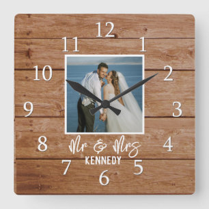 Custom Photo Wedding Jubileum Wood Mr & Mrs. Vierkante Klok