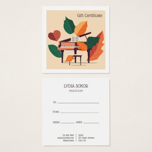 Custom Piano Music Lessons Gift Certificate (Devant & derrière)