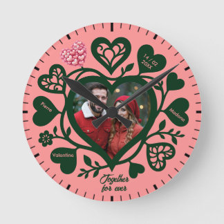 Custom Pink Green Photo Heart Clock Ronde Klok
