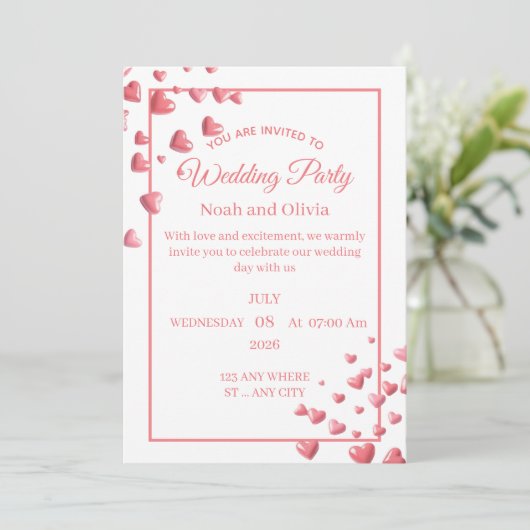 Custom Pink Heart Wedding Invitation Card (Debout devant)