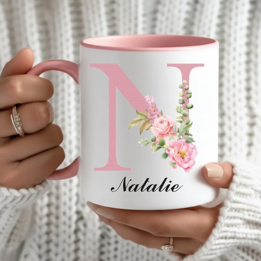 Custom Pink Rose Floral Monogram Mug Gift for Her