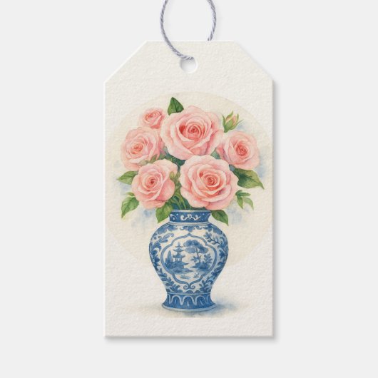 Custom Pink Roses in a Chinoiserie Vase Cadeaulabel (Voorkant)