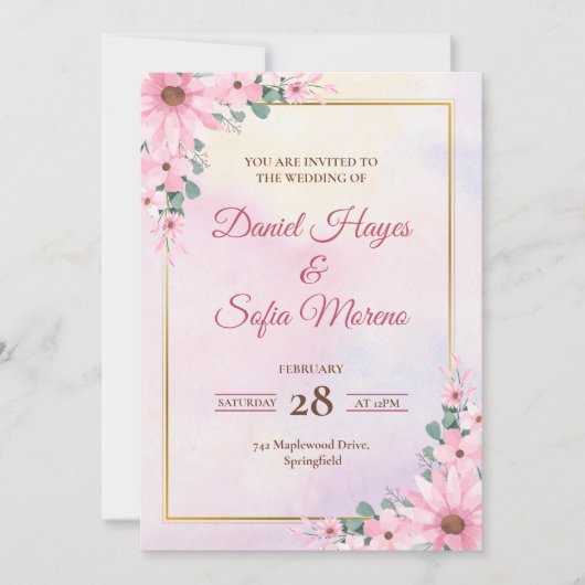 Custom Pink Watercolor Wedding Invitation (Devant)
