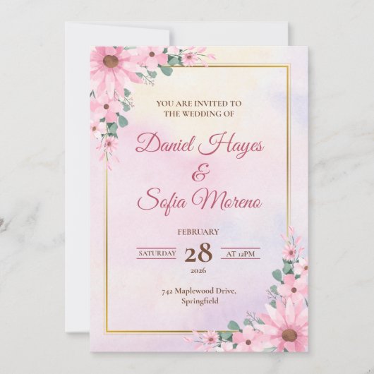 Custom Pink Watercolor Wedding Invitation Kaart (Voorkant)