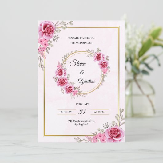Custom Pink Wedding Invitation | Editable Kaart (Staand voorkant)