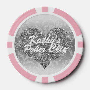 Custom Poker Chip Zilver Faux Glitter Hart Bloemen