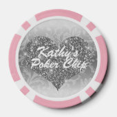 Custom Poker Chip Zilver Faux Glitter Hart Bloemen (Achterkant)